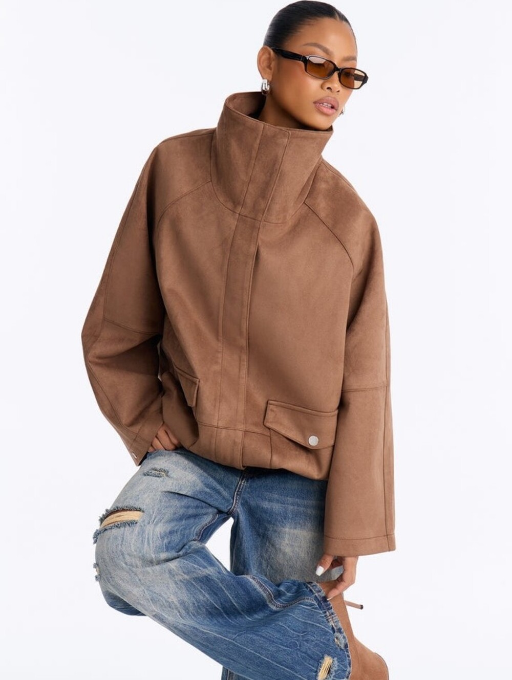 Brown High-Neck Boxy Jacket - Women